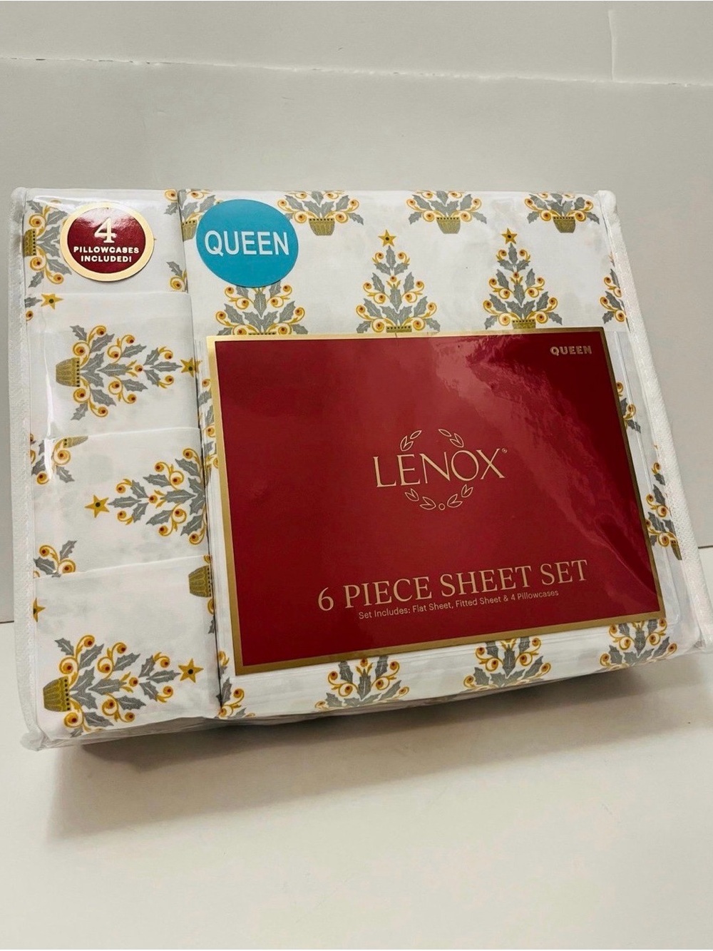 Lenox Queen Size 6 Piece Sheet Set Christmas Trees White Yellow Gray Green Red